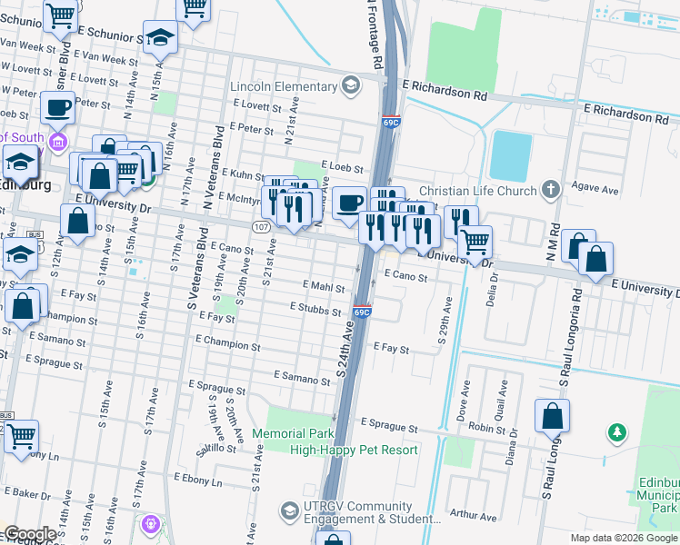 map of restaurants, bars, coffee shops, grocery stores, and more near 1414 East Cano Street in Edinburg