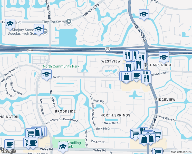 map of restaurants, bars, coffee shops, grocery stores, and more near Westview Drive in Pompano Beach
