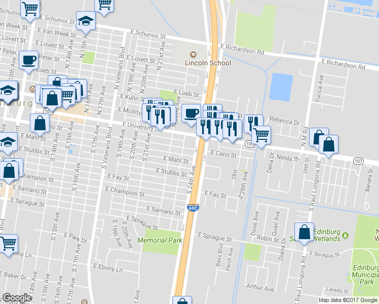map of restaurants, bars, coffee shops, grocery stores, and more near 1414 East Cano Street in Edinburg