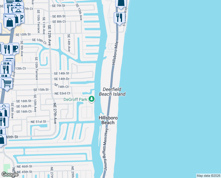 map of restaurants, bars, coffee shops, grocery stores, and more near in Hillsboro Beach
