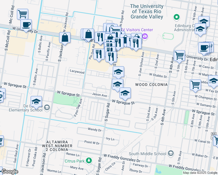 map of restaurants, bars, coffee shops, grocery stores, and more near 1601 West Samano Street in Edinburg