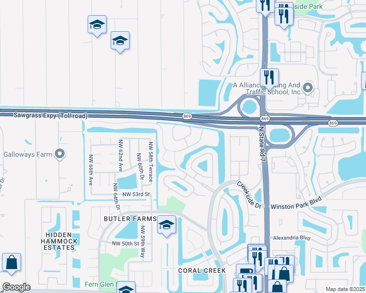 map of restaurants, bars, coffee shops, grocery stores, and more near 6029 Northwest 56th Drive in Coral Springs