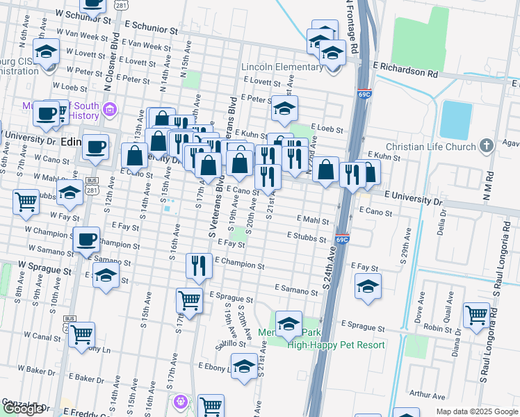 map of restaurants, bars, coffee shops, grocery stores, and more near 1011 East Mahl Street in Edinburg