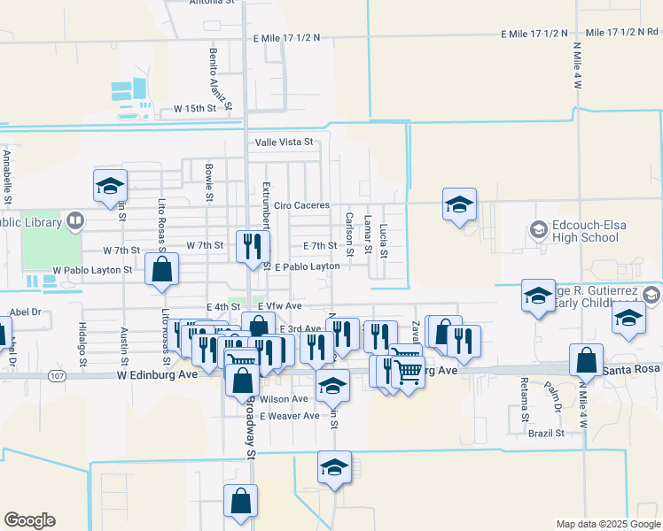 map of restaurants, bars, coffee shops, grocery stores, and more near North Fannin Street in Elsa