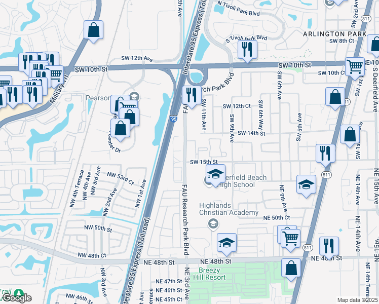 map of restaurants, bars, coffee shops, grocery stores, and more near 1450 FAU Research Park Boulevard in Deerfield Beach