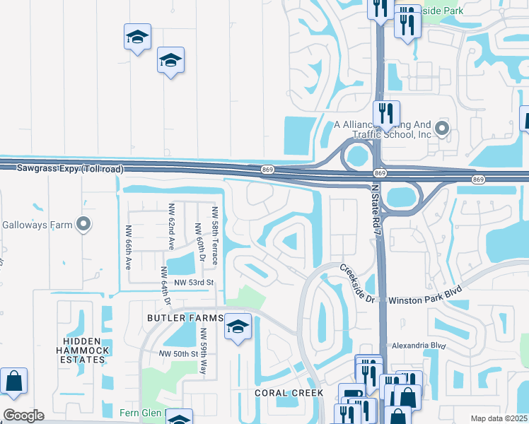 map of restaurants, bars, coffee shops, grocery stores, and more near 6029 Northwest 56th Drive in Coral Springs