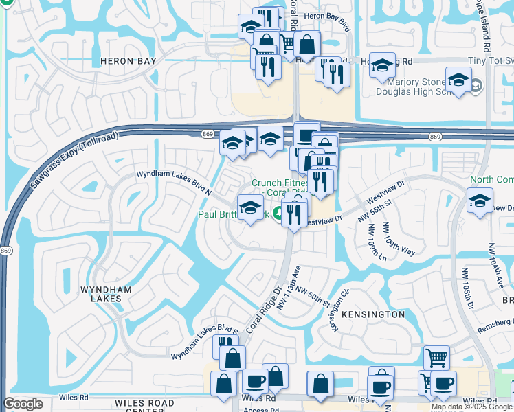 map of restaurants, bars, coffee shops, grocery stores, and more near 11540 Northwest 56th Drive in Coral Springs