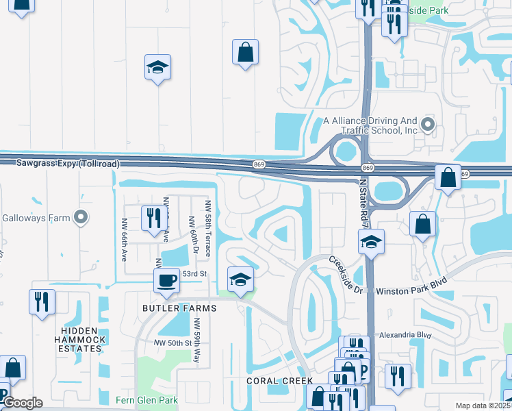 map of restaurants, bars, coffee shops, grocery stores, and more near 6029 Northwest 56th Drive in Coral Springs
