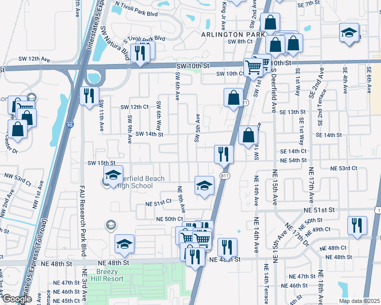 map of restaurants, bars, coffee shops, grocery stores, and more near 1460 Southwest 5th Terrace in Deerfield Beach