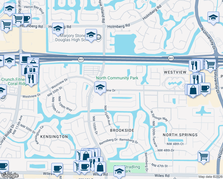 map of restaurants, bars, coffee shops, grocery stores, and more near Westview Drive in Pompano Beach