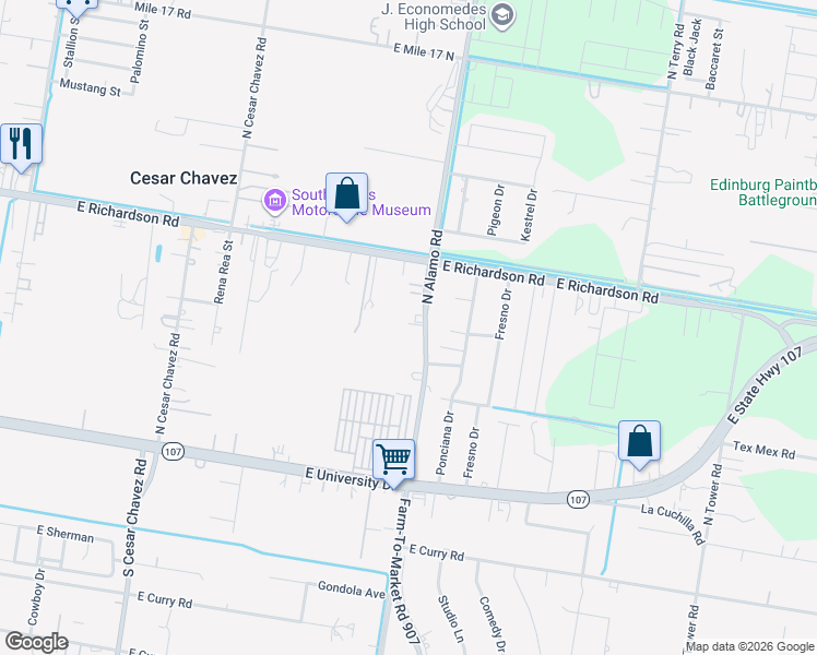 map of restaurants, bars, coffee shops, grocery stores, and more near 509 North Alamo Road in Edinburg