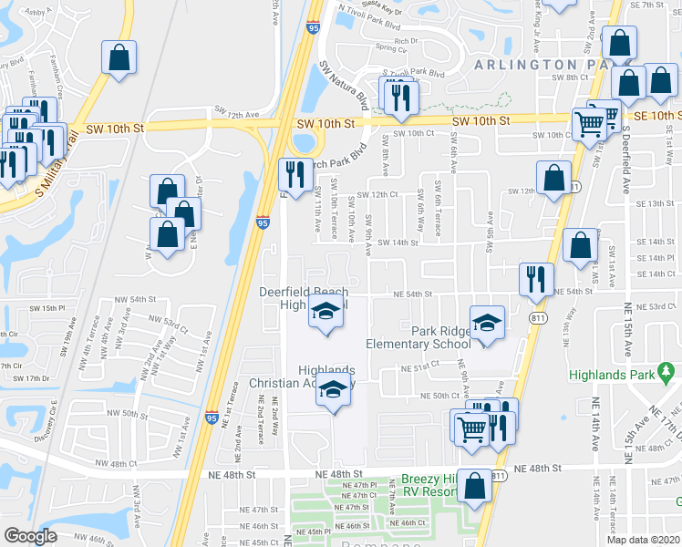 map of restaurants, bars, coffee shops, grocery stores, and more near 925 Southwest 15th Street in Deerfield Beach