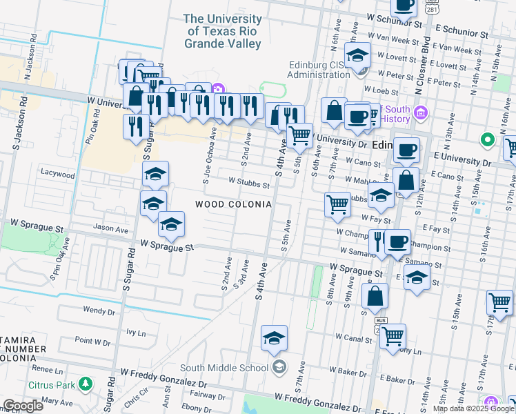 map of restaurants, bars, coffee shops, grocery stores, and more near 814 West Fay Street in Edinburg