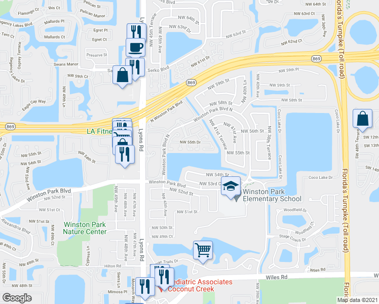 map of restaurants, bars, coffee shops, grocery stores, and more near 5443 Northwest 43rd Way in Coconut Creek