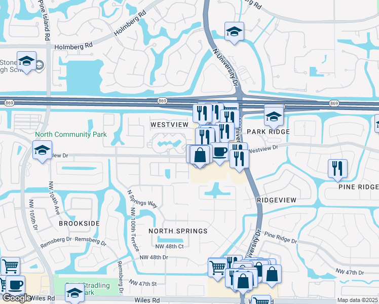 map of restaurants, bars, coffee shops, grocery stores, and more near 9604 Westview Drive in Coral Springs