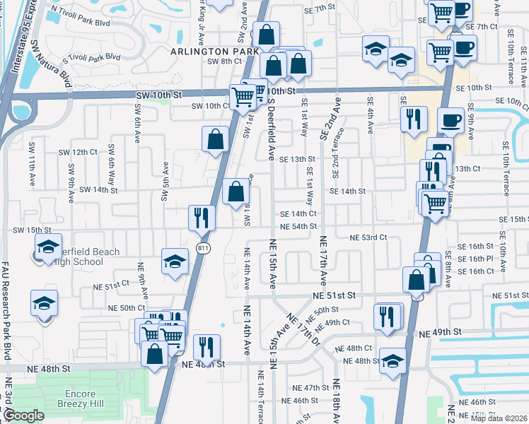 map of restaurants, bars, coffee shops, grocery stores, and more near 1433 Southwest 1st Avenue in Deerfield Beach