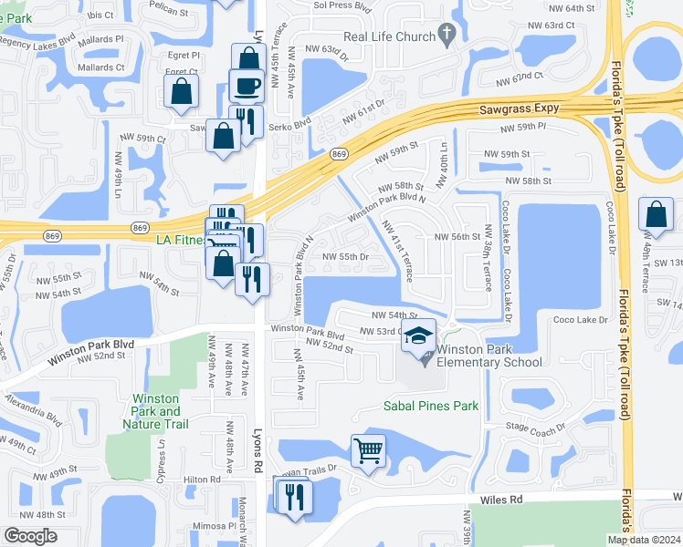 map of restaurants, bars, coffee shops, grocery stores, and more near 5443 Northwest 43rd Way in Coconut Creek