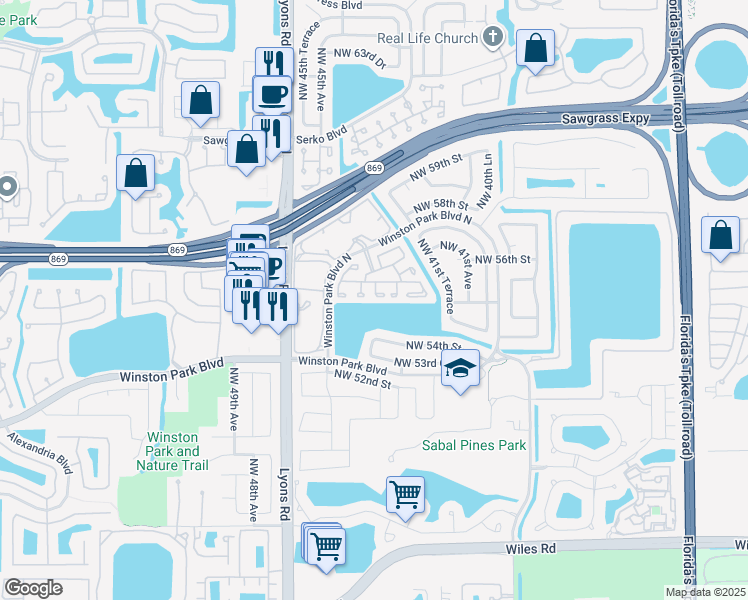 map of restaurants, bars, coffee shops, grocery stores, and more near 5443 Northwest 43rd Way in Coconut Creek