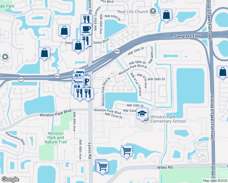 map of restaurants, bars, coffee shops, grocery stores, and more near 5443 Northwest 43rd Way in Coconut Creek
