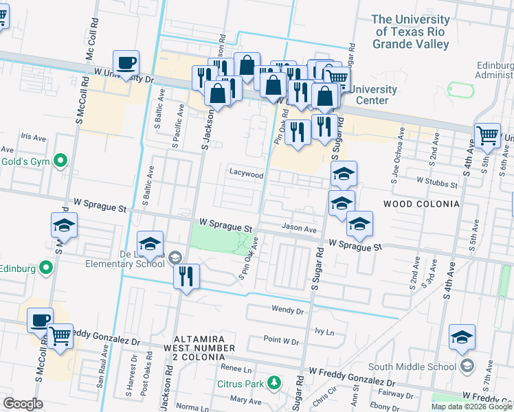map of restaurants, bars, coffee shops, grocery stores, and more near 1804 Horsetail Falls in Edinburg