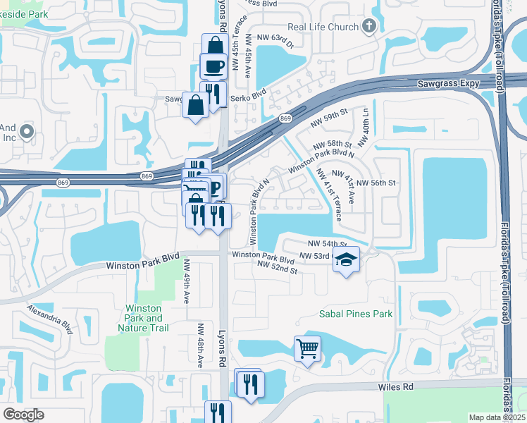 map of restaurants, bars, coffee shops, grocery stores, and more near 5438 Northwest 45th Way in Coconut Creek