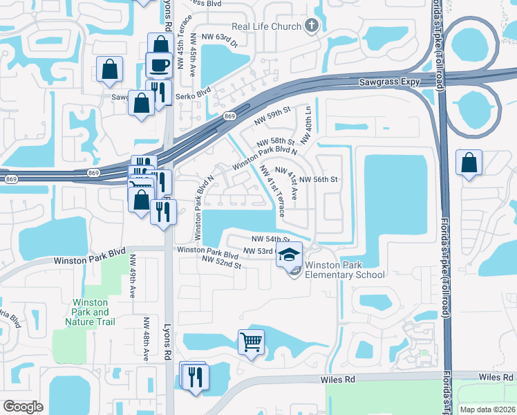 map of restaurants, bars, coffee shops, grocery stores, and more near 5380 Northwest 41st Way in Coconut Creek