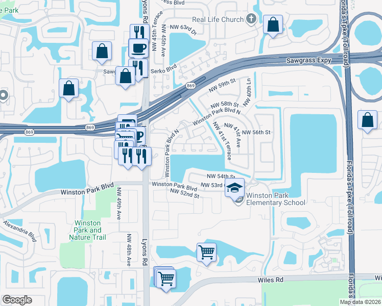 map of restaurants, bars, coffee shops, grocery stores, and more near 5443 Northwest 43rd Way in Coconut Creek