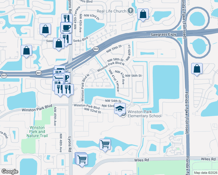 map of restaurants, bars, coffee shops, grocery stores, and more near 5380 Northwest 41st Way in Coconut Creek