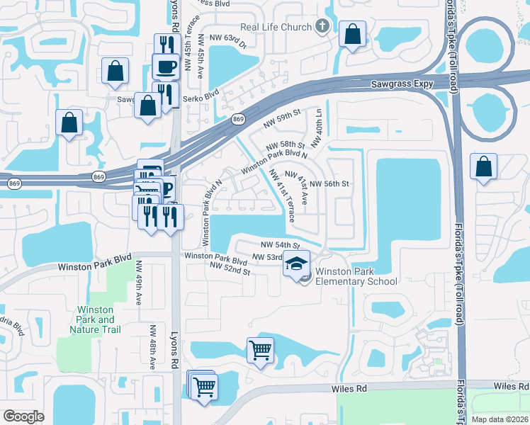 map of restaurants, bars, coffee shops, grocery stores, and more near 5380 Northwest 41st Way in Coconut Creek