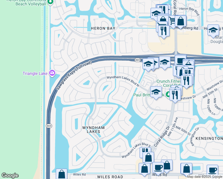 map of restaurants, bars, coffee shops, grocery stores, and more near 5419 Northwest 121st Avenue in Coral Springs