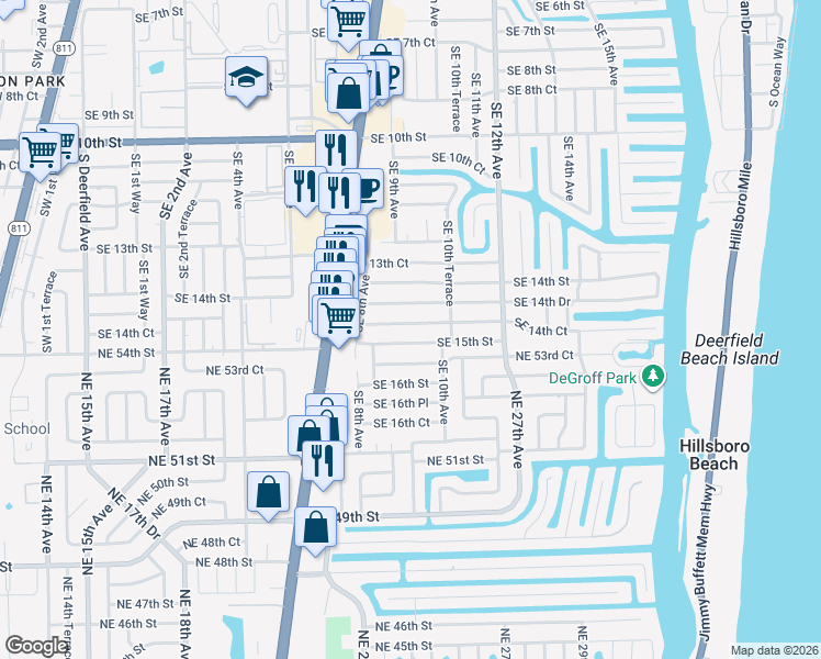 map of restaurants, bars, coffee shops, grocery stores, and more near 909 Southeast 15th Street in Deerfield Beach