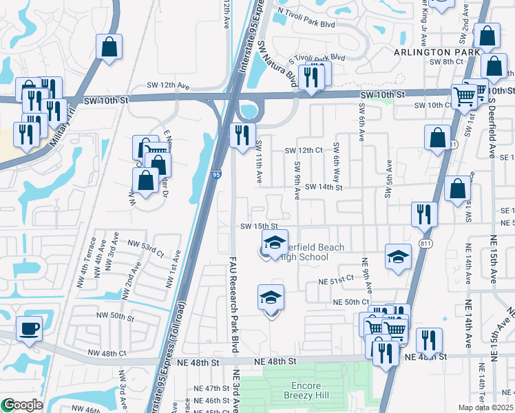 map of restaurants, bars, coffee shops, grocery stores, and more near 1107 Southwest 15th Street in Deerfield Beach
