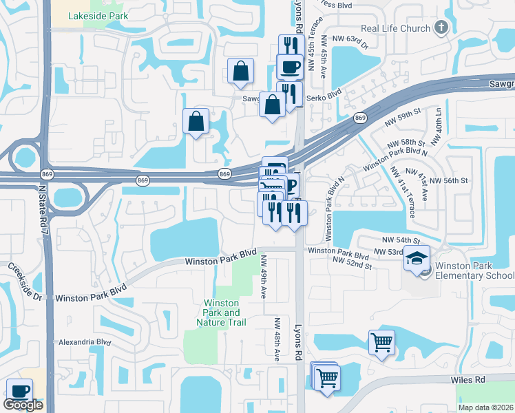 map of restaurants, bars, coffee shops, grocery stores, and more near 5365 Lyons Road in Coconut Creek