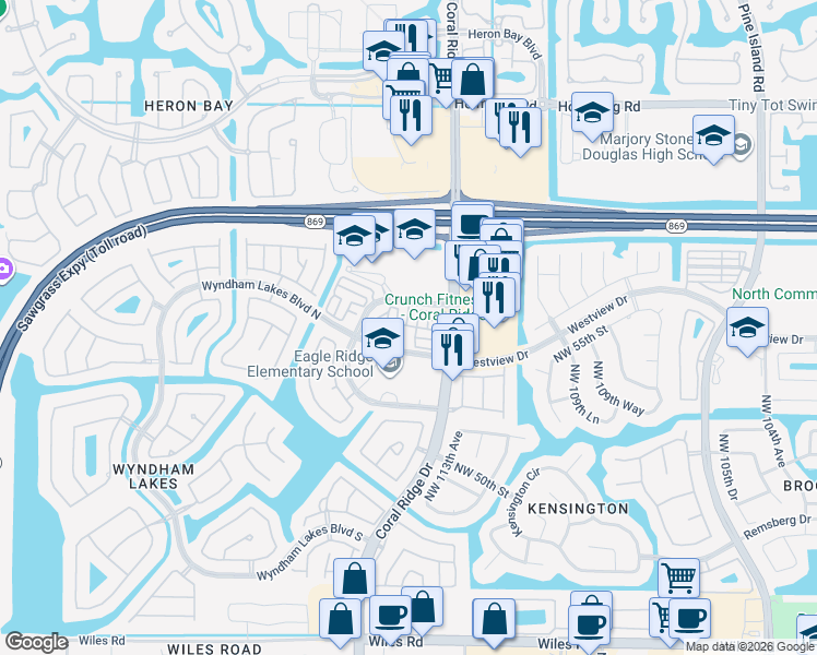 map of restaurants, bars, coffee shops, grocery stores, and more near 11470 Northwest 56th Drive in Tamarac
