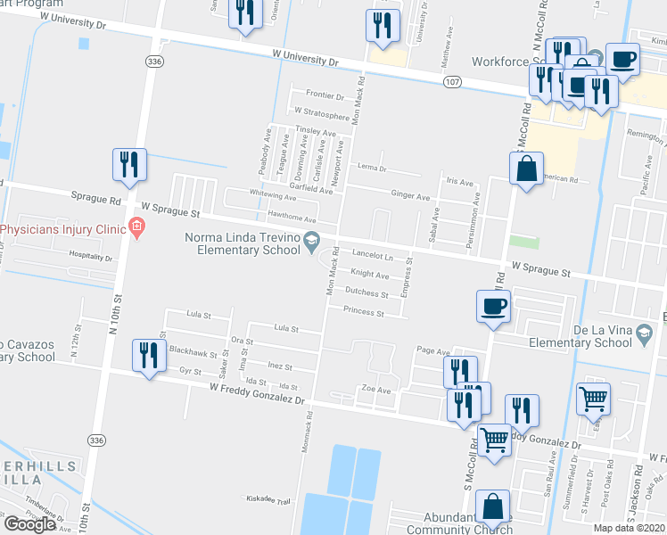 map of restaurants, bars, coffee shops, grocery stores, and more near Knight Avenue in Edinburg