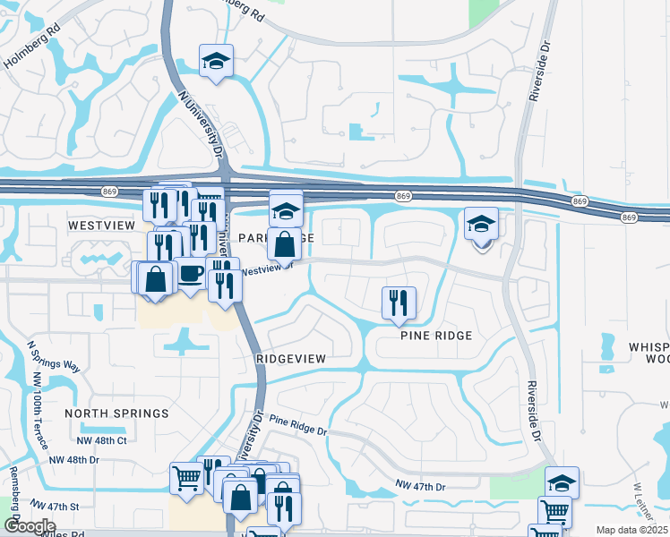 map of restaurants, bars, coffee shops, grocery stores, and more near 8907 Northwest 55th Place in Coral Springs