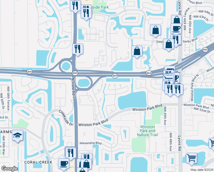 map of restaurants, bars, coffee shops, grocery stores, and more near 5376 Northwest 55th Street in Coconut Creek
