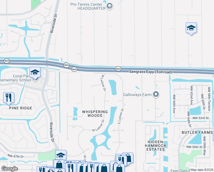 map of restaurants, bars, coffee shops, grocery stores, and more near 5591 West Leitner Drive in Coral Springs