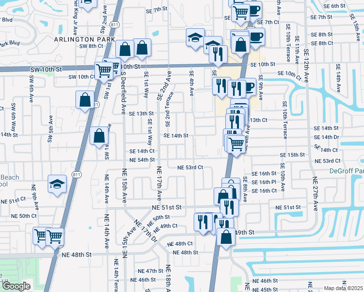 map of restaurants, bars, coffee shops, grocery stores, and more near 1427 Southeast 3rd Terrace in Deerfield Beach