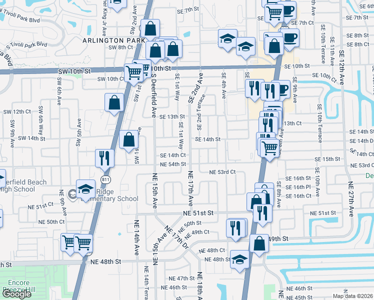 map of restaurants, bars, coffee shops, grocery stores, and more near 1427 Southeast 2nd Terrace in Deerfield Beach