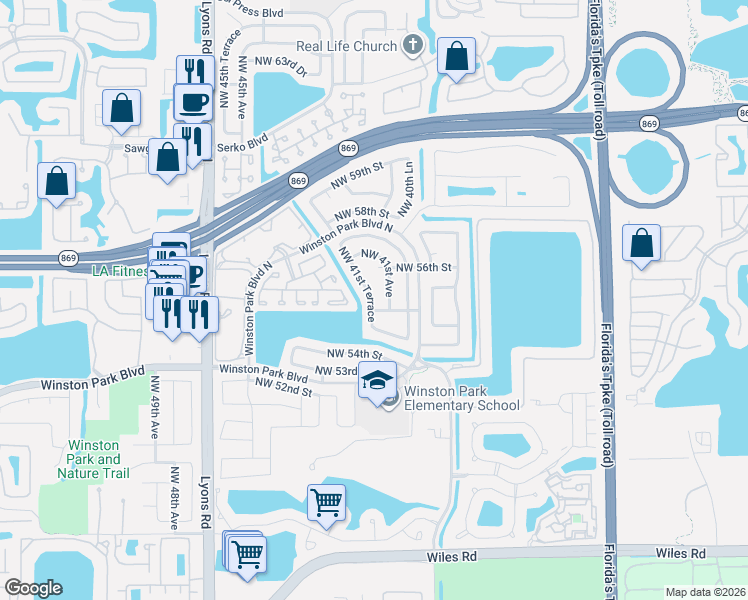 map of restaurants, bars, coffee shops, grocery stores, and more near 5485 Northwest 41st Terrace in Coconut Creek