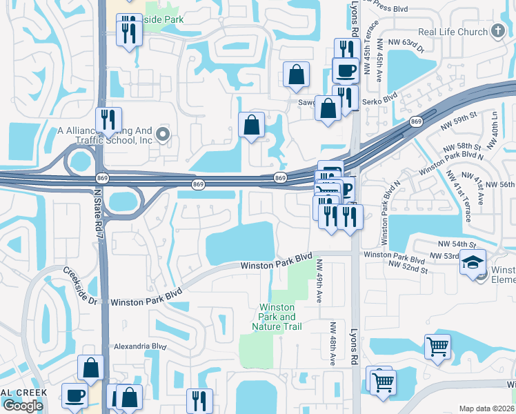 map of restaurants, bars, coffee shops, grocery stores, and more near 5110 Northwest 54th Street in Coconut Creek