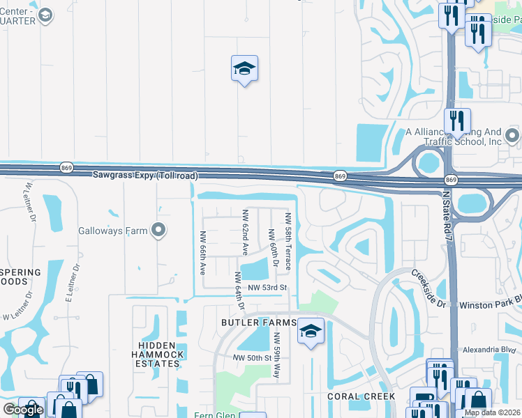 map of restaurants, bars, coffee shops, grocery stores, and more near 5587 Northwest 61st Avenue in Coral Springs