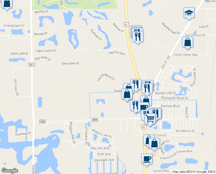 map of restaurants, bars, coffee shops, grocery stores, and more near 708 Tarpon Cove Drive in Naples