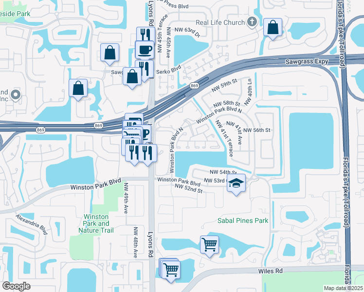 map of restaurants, bars, coffee shops, grocery stores, and more near 5438 Northwest 45th Way in Coconut Creek