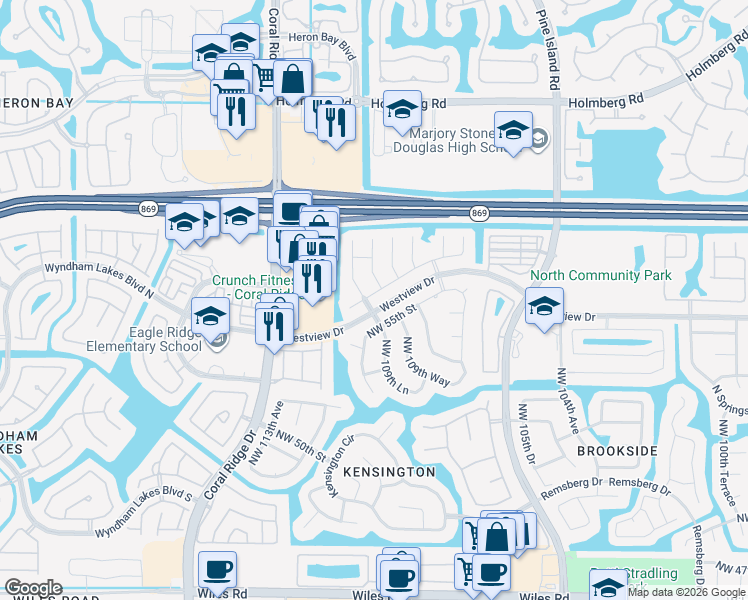 map of restaurants, bars, coffee shops, grocery stores, and more near 10932 Northwest 56th Court in Coral Springs