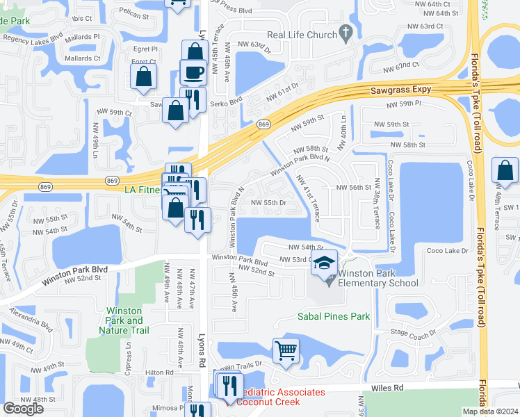 map of restaurants, bars, coffee shops, grocery stores, and more near 5486 Northwest 44th Way in Coconut Creek