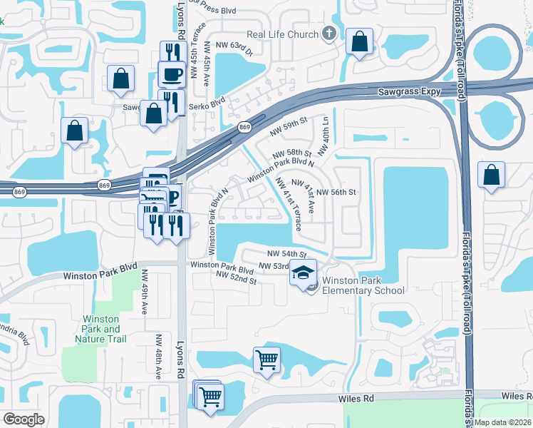 map of restaurants, bars, coffee shops, grocery stores, and more near 5351 Northwest 41st Way in Coconut Creek