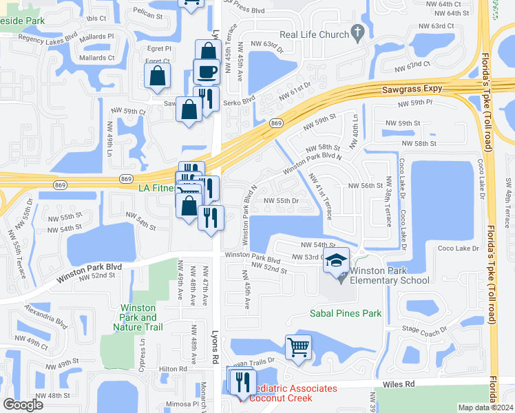 map of restaurants, bars, coffee shops, grocery stores, and more near 5488 Northwest 45th Way in Coconut Creek