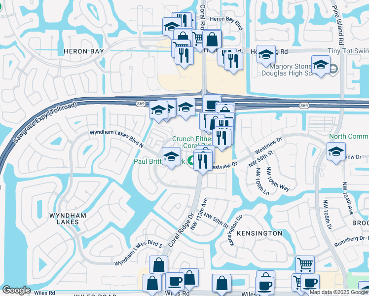 map of restaurants, bars, coffee shops, grocery stores, and more near 11500 Northwest 56th Drive in Coral Springs